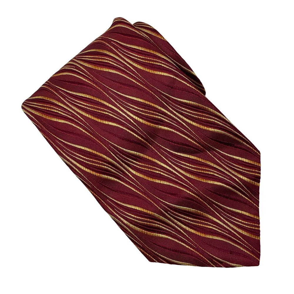 Bugatchi Uomo Maroon Gold Silk Wavy Print Necktie‎ Tie